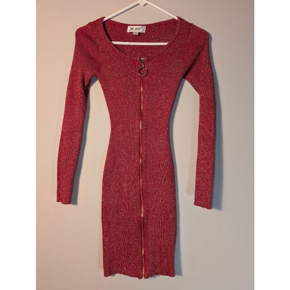 Say What? Red Gold Sparkle Long Sleeve Dress Small